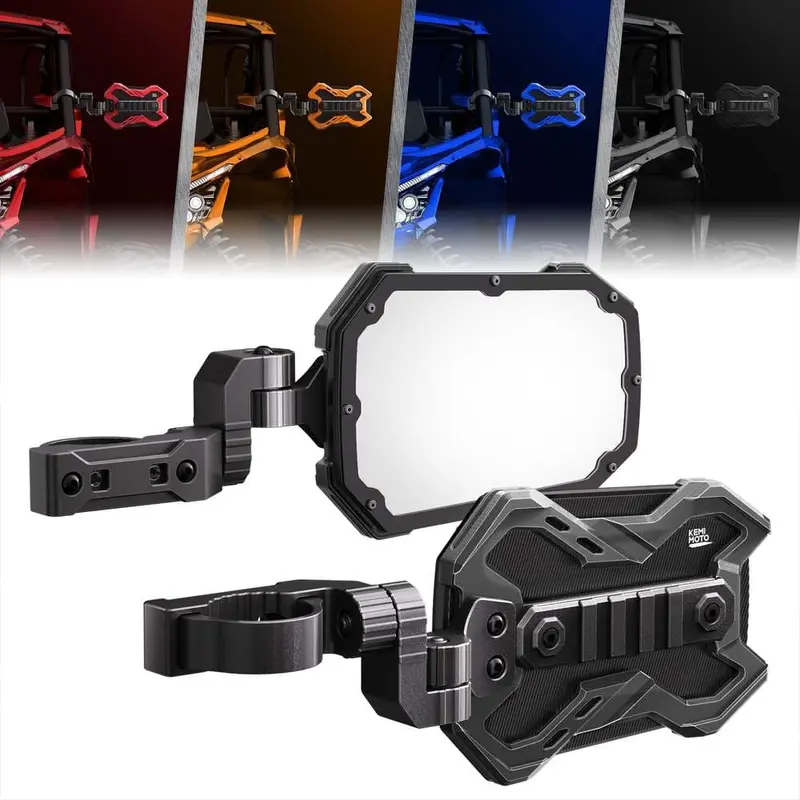 Kemimoto 1.65-2 Inch Roll Bar Cnc Utv X Mirror W/ Integrated Light Mount - 1 Pair 1