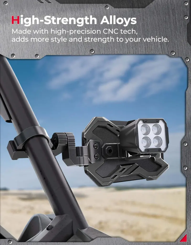 Kemimoto 1.65-2 Inch Roll Bar Cnc Utv X Mirror W/ Integrated Light Mount - 1 Pair 3