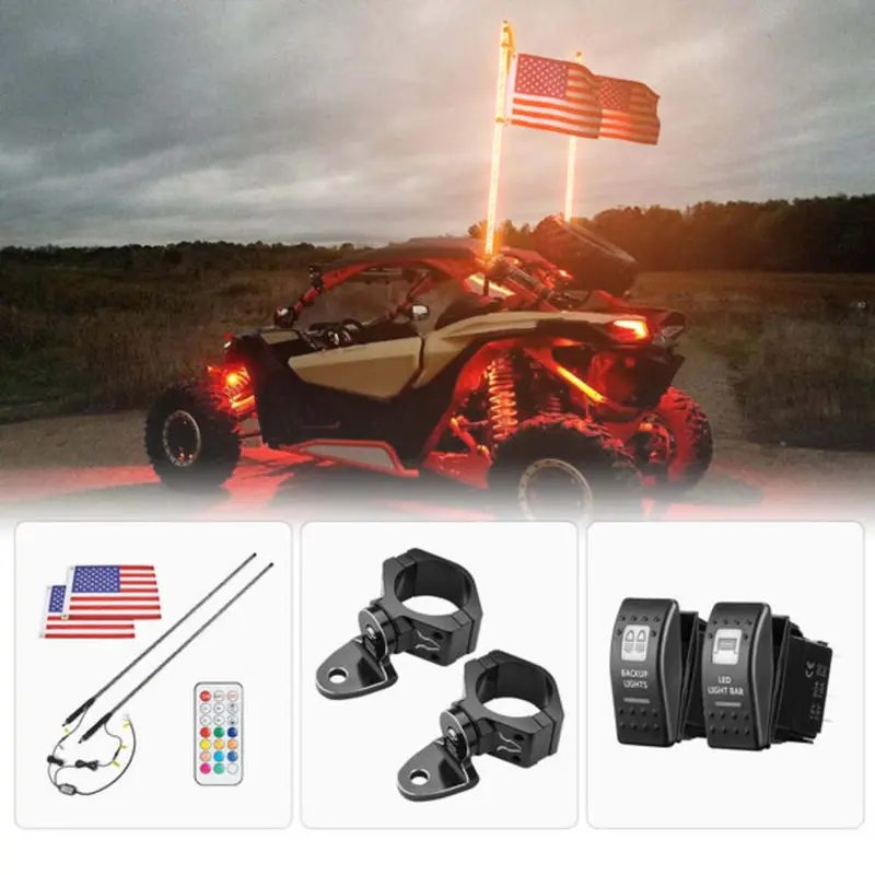 Kemimoto 2Pcs Whip Light & Flag Mount & 12V Switch On-Off Spiral Whip Light Set 1