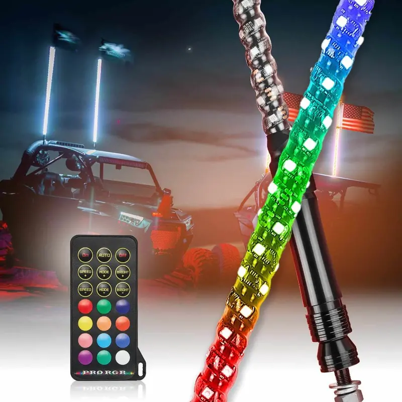 Kemimoto 2Pcs Whip Light & Flag Mount & 12V Switch On-Off Spiral Whip Light Set 2
