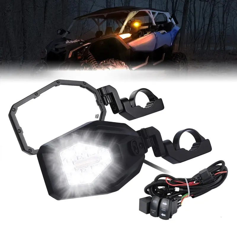 Kemimoto Can Am Maverick X3 1.6"-2" Roll Bar Side Mirrors W/ Led Turn Lights 1