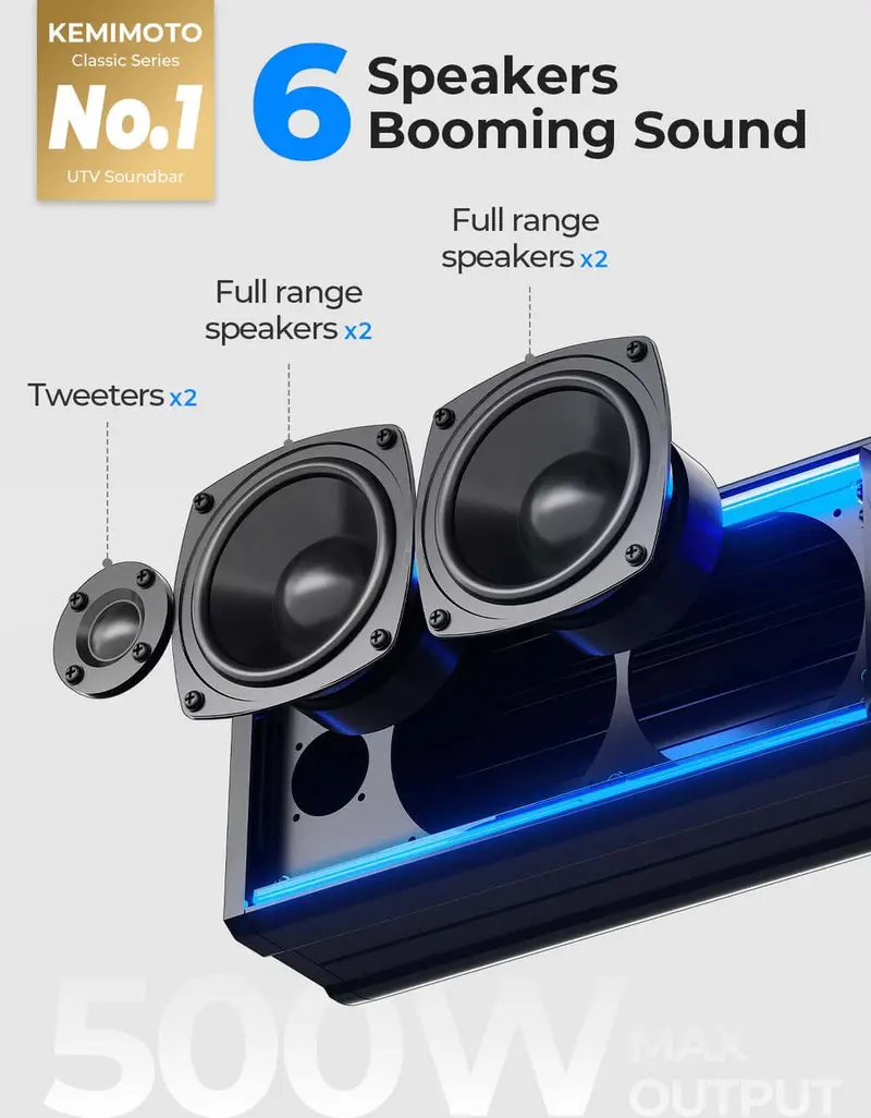 Kemimoto Polaris Rzr 1.75''-2.25'' Roll Bar 26'' 6 Speaker Rgb Universal Sound Bar 2