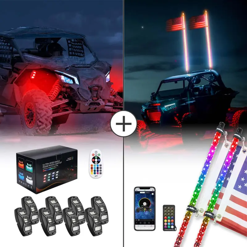 Kemimoto Utv / Atv 4-8 Pods Rgb Rock Light Kit & Spiral Whip Lights 1