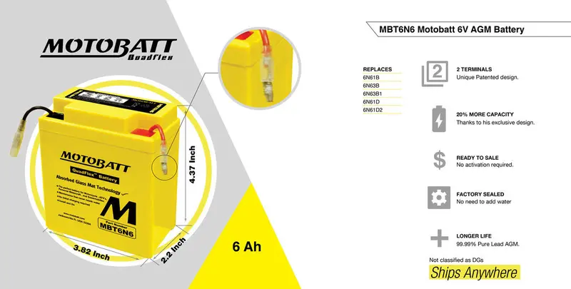 Motobatt 6V Agm Battery - Mbt6n6 2
