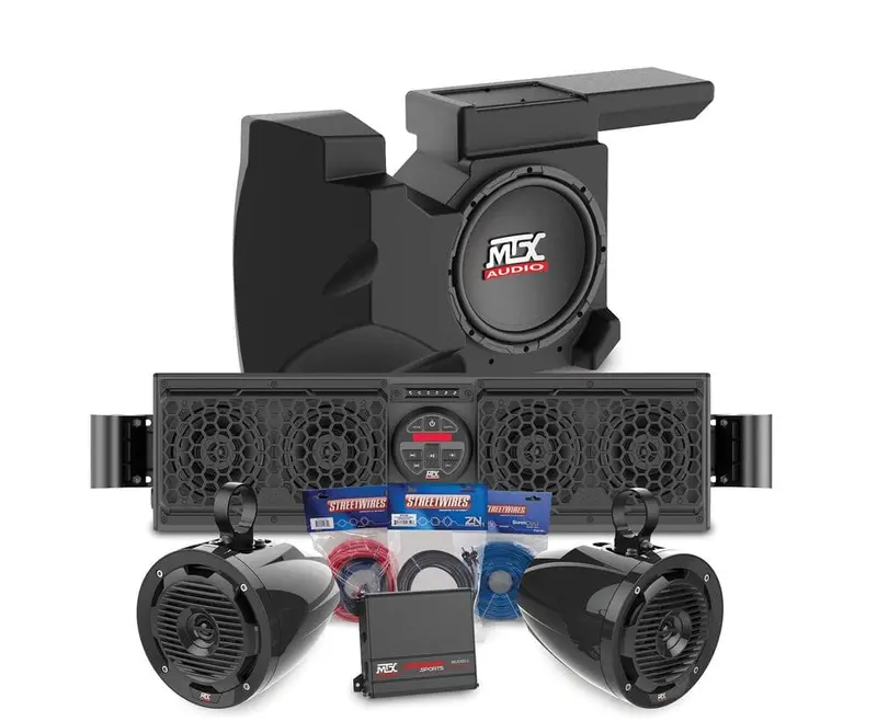 Mtx Audio Polaris Rzr 900/Xp 1000 Bluetooth Overhead Audio Sound Bar 2-Channel Amplifier 2 Cage Mounted Speakers & Amplified Subwoofer 1