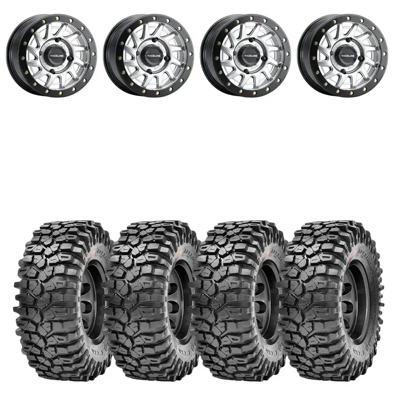 Raceline A12 Squad Hyper Silver Beadlock & Maxxis Roxxzilla Radial Wheel & Tire Kit 1