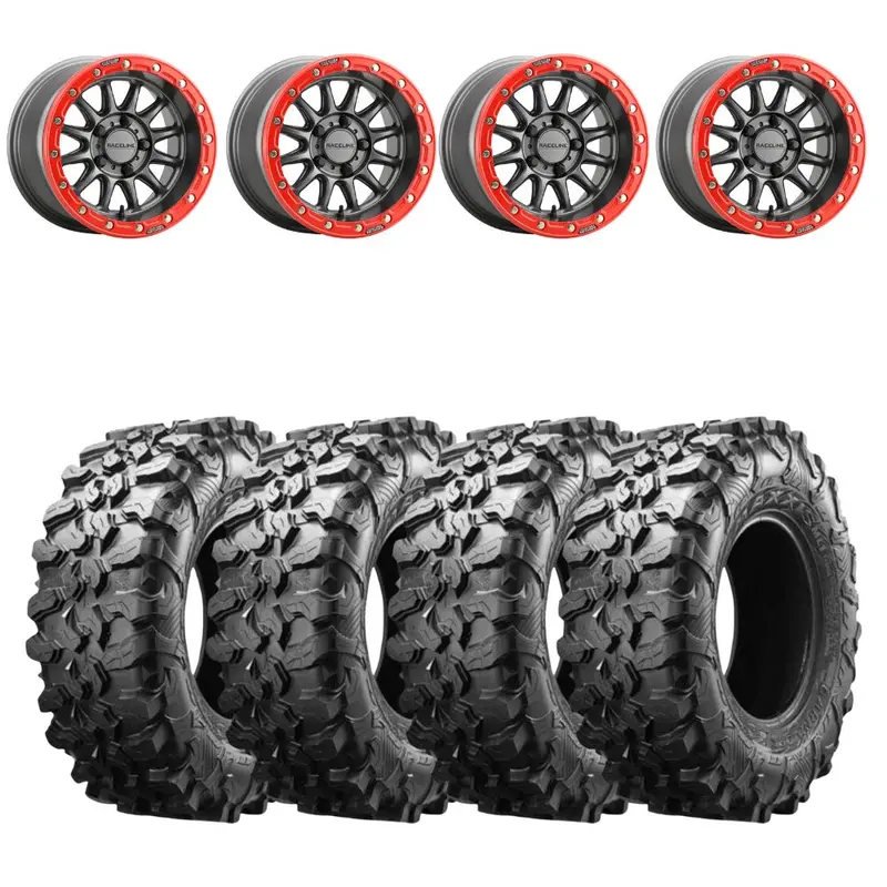 Raceline A14gr Gunmetal/Red Alpha 5-Lug Beadlock & Maxxis Carnivore Radial Wheel & Tire Kit 1