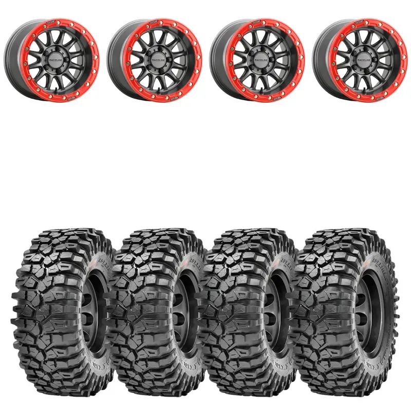 Raceline A14gr Gunmetal/Red Alpha 5 Lug Beadlock & Maxxis Roxxzilla Radial Wheel & Tire Kit 1