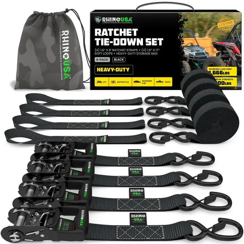 Rhino Usa 1.6" X 8' Hd 4-Pack Ratchet Tie-Down Set 1