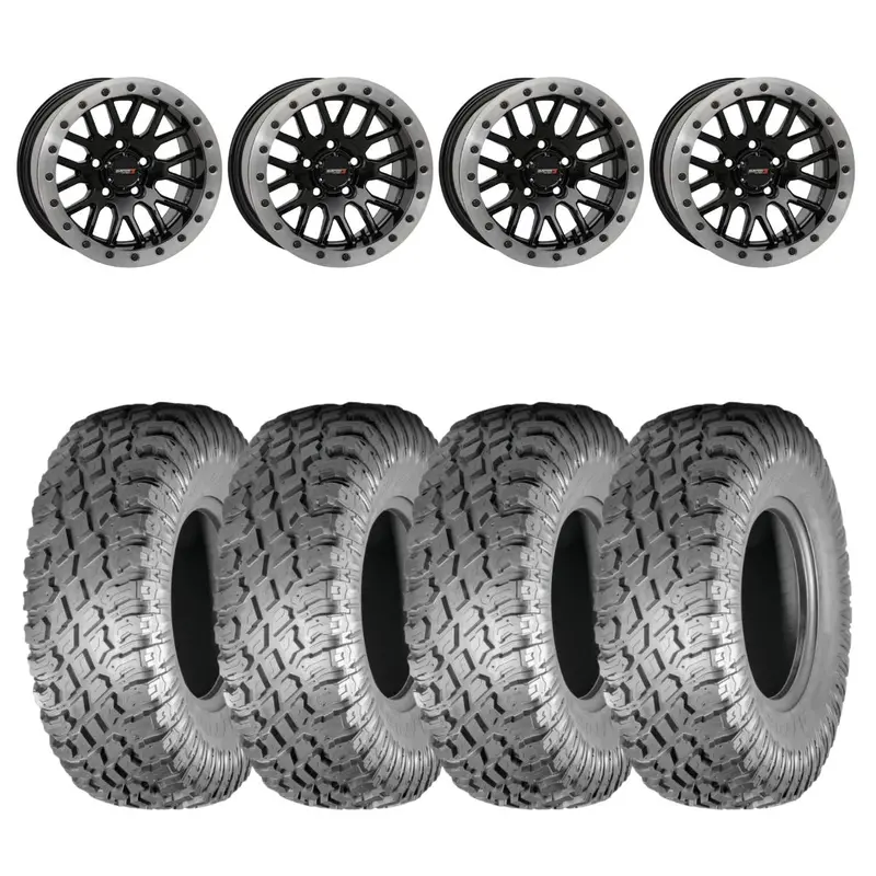 System 3 Gloss Black W/Matte Brushed Ring Sb-9 Beadlock & Atturo Trail Blade X/T Wheel & Tire Kit 1