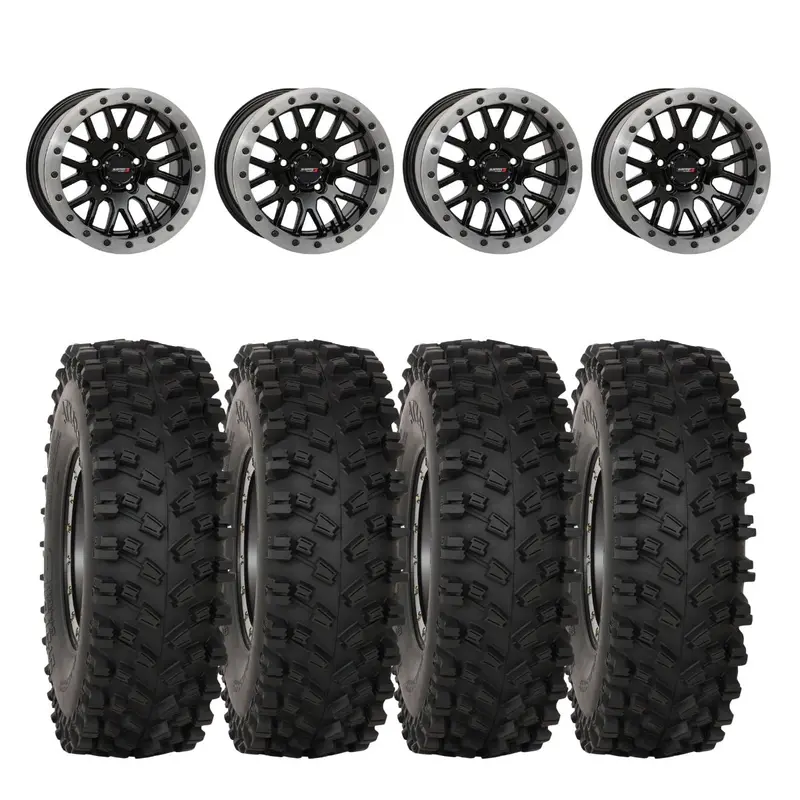 System 3 Gloss Black W/Matte Brushed Ring Sb-9 Beadlock & System 3 Atx470 All Terrain Xtreme Wheel & Tire Kit 1