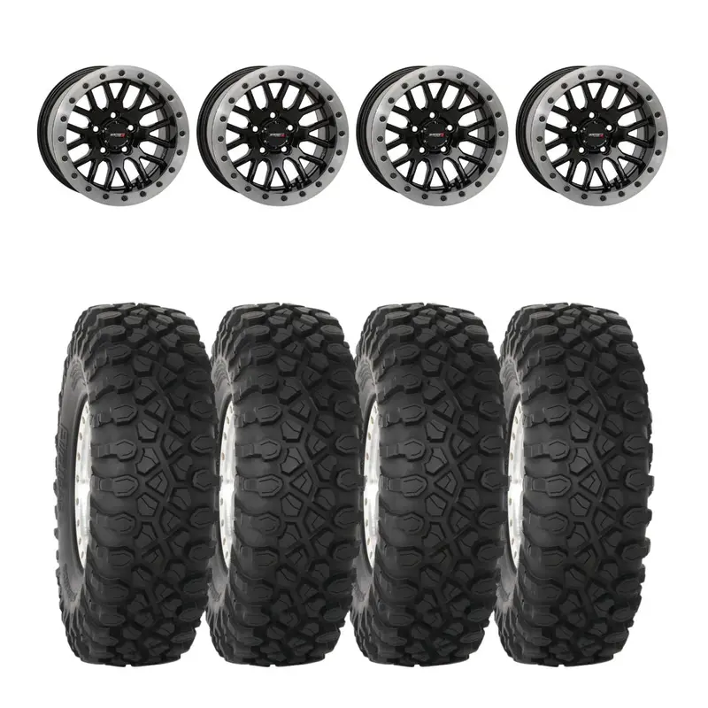 System 3 Gloss Black W/Matte Brushed Ring Sb-9 Beadlock & System 3 Radial Xc450 Wheel & Tire Kit 1