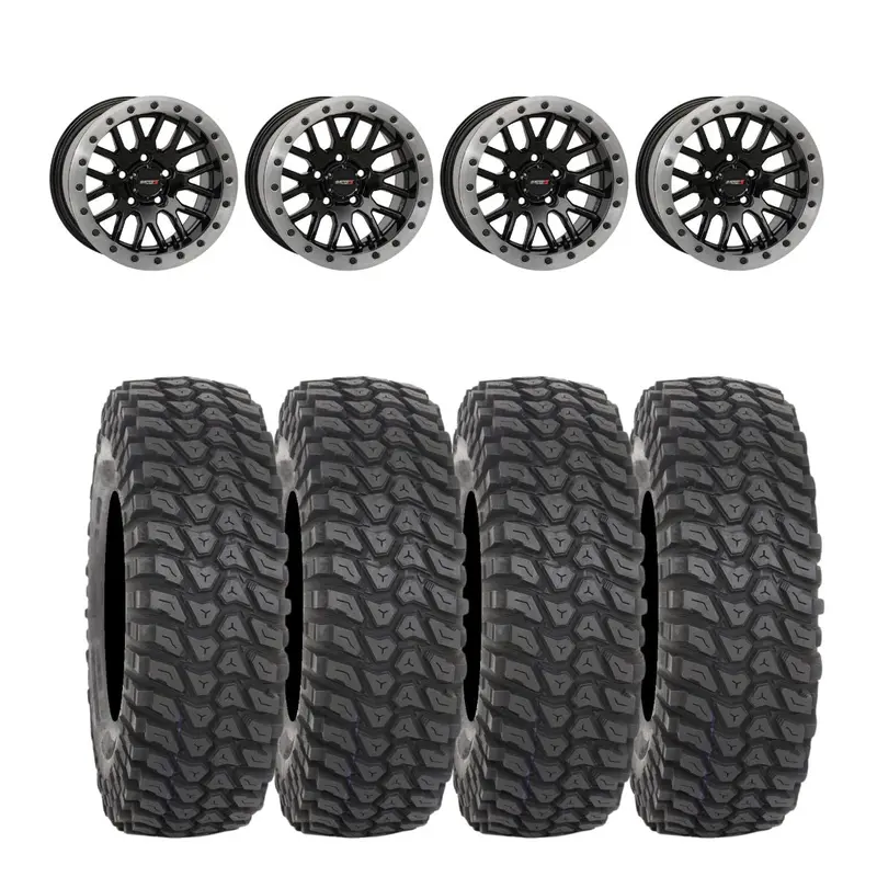 System 3 Gloss Black W/Matte Brushed Ring Sb-9 Beadlock & System 3 Radial Xcr350 Utv Wheel & Tire Kit 1