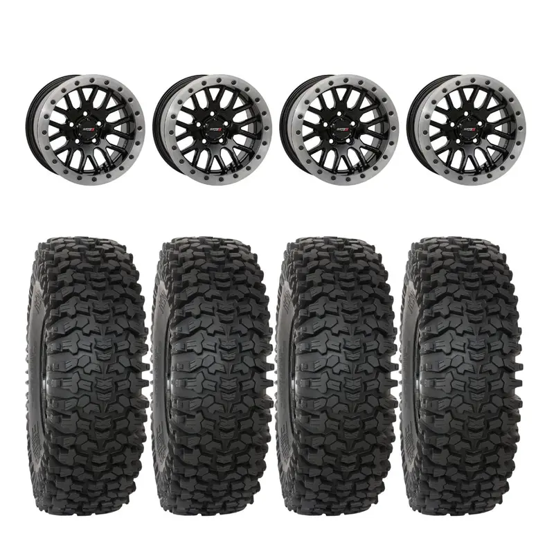 System 3 Gloss Black W/Matte Brushed Ring Sb-9 Beadlock & System 3 Rc500 10 Ply Rock Crawler Wheel & Tire Kit 1