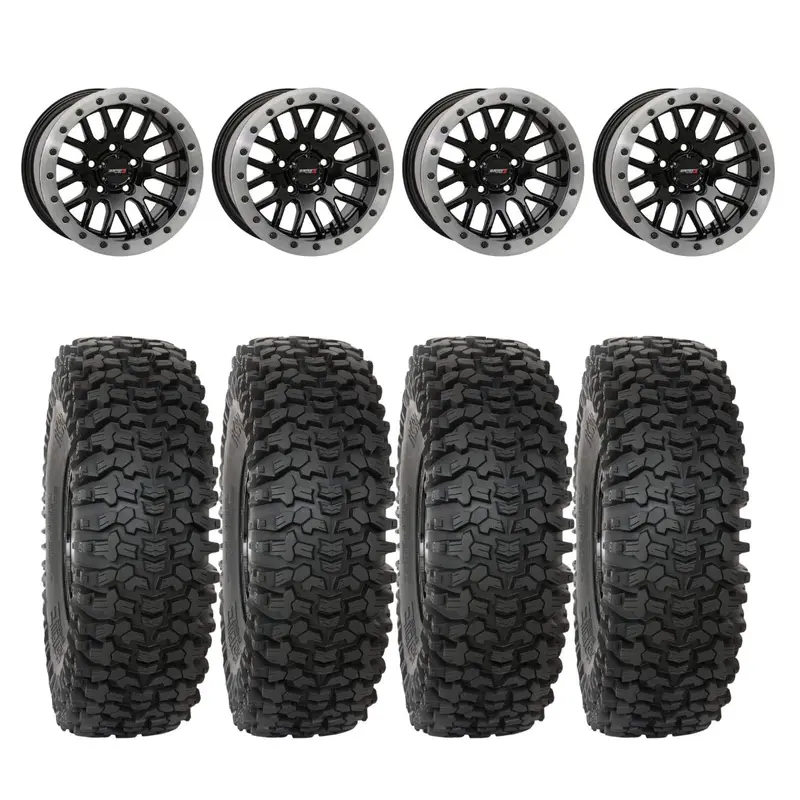 System 3 Gloss Black W/Matte Brushed Ring Sb-9 Beadlock & System 3 Rc500s 8 Ply Rock Crawler Wheel & Tire Kit 1
