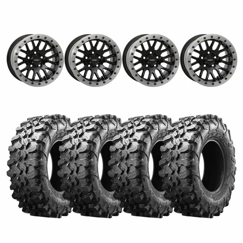 System 3 Gloss Black With Matte Brushed Ring Sb-9 Beadlock & Maxxis Radial Carnivore Wheel & Tire Kit 1