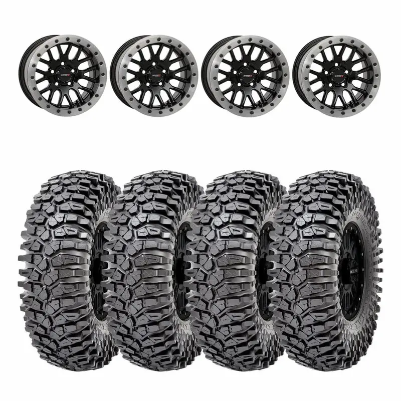 System 3 Gloss Black With Matte Brushed Ring Sb-9 Beadlock & Maxxis Radial Roxxzilla Wheel & Tire Kit 1