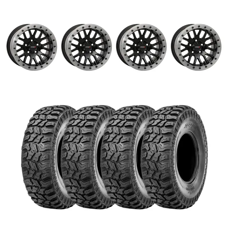 System 3 Gloss Black With Matte Brushed Ring Sb-9 Beadlock & Sedona Ridge Saw Wheel & Tire Kit 1