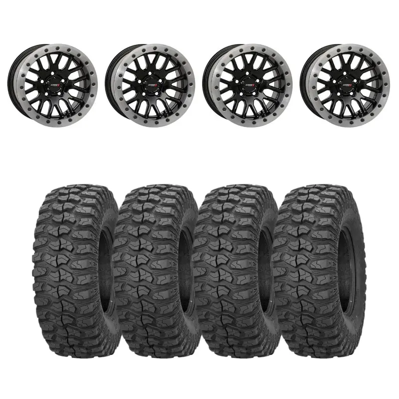 System 3 Gloss Black With Matte Brushed Ring Sb-9 Beadlock & Sedona Rockabilly Wheel & Tire Kit 1