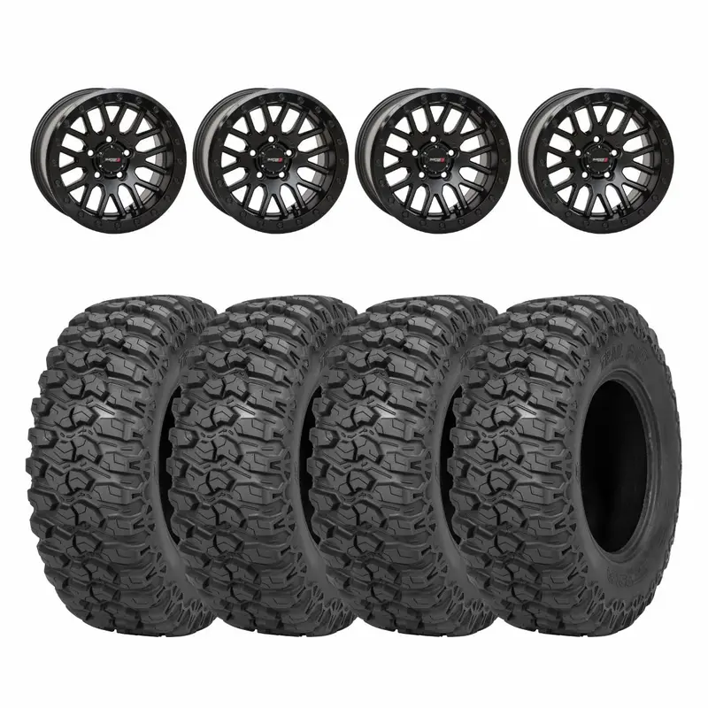 System 3 Matte Black W/ Gloss Black Ring Sb-9 Beadlock & Sedona Trail Saw Wheel & Tire Kit 1