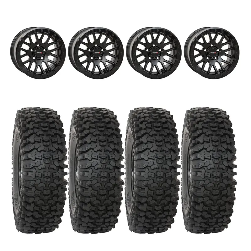 System 3 Matte Black W/Gloss Black Ring Sb-9 Beadlock & System 3 Rc500 10 Ply Rock Crawler Wheel & Tire Kit 1