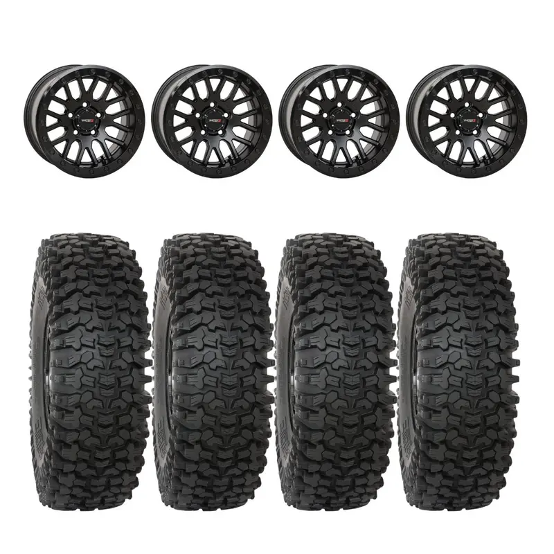 System 3 Matte Black W/Gloss Black Ring Sb-9 Beadlock & System 3 Rc500s 8 Ply Rock Crawler Wheel & Tire Kit 1