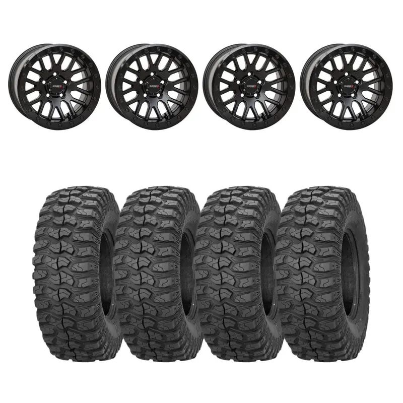 System 3 Matte Black With Gloss Black Ring Sb-9 Beadlock & Sedona Rockabilly Wheel & Tire Kit 1