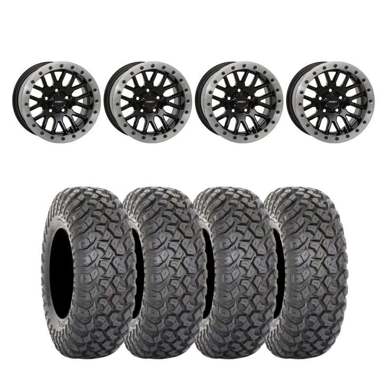 System 3 Sb-9 Gloss Black W/Matte Brushed Ring Beadlock & System 3 Radial Rt320 Wheel & Tire Kit 1