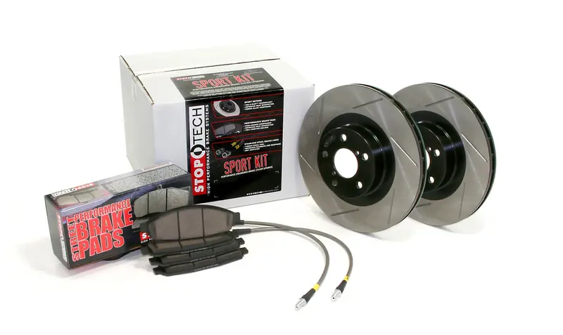 Stoptech 977.33021F Front Axle Pack – Slotted Rotors & Brake Lines 1